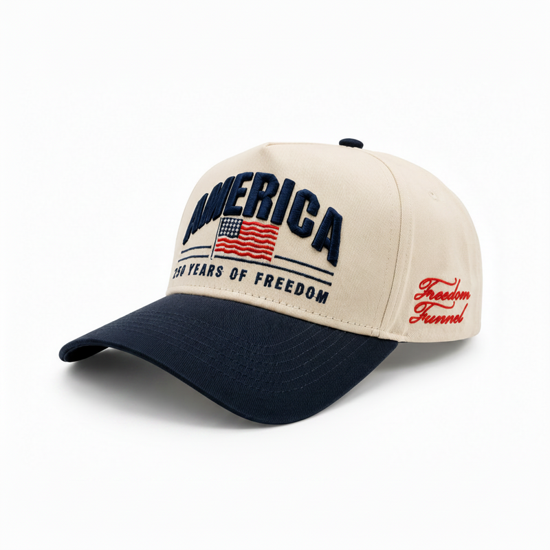 Cap with 'America 200 Years of Freedom' text and American flag design on a white background