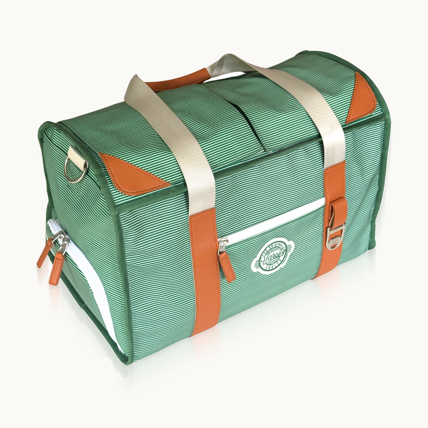 Green Pinstripe Course Cruiser XL waterproof golf-cart cooler with genuine leather trim and dual magnetic compartments.