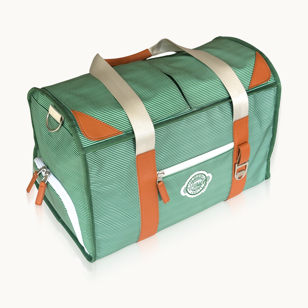 Green Pinstripe Course Cruiser XL waterproof golf-cart cooler with genuine leather trim and dual magnetic compartments.