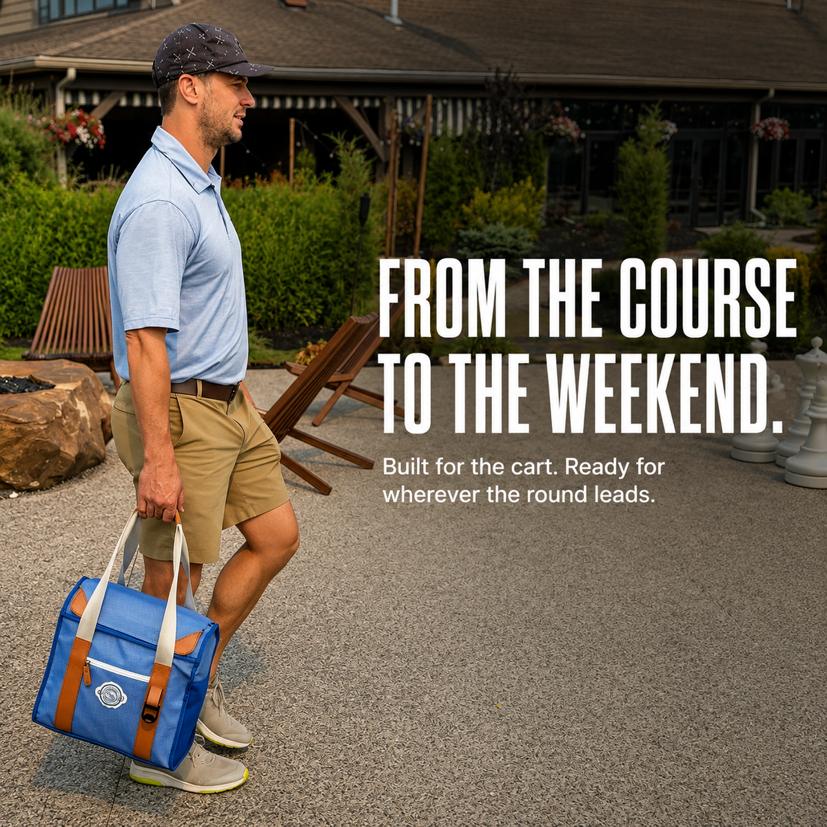 Golfer carrying the Course Cruiser Standard near a clubhouse