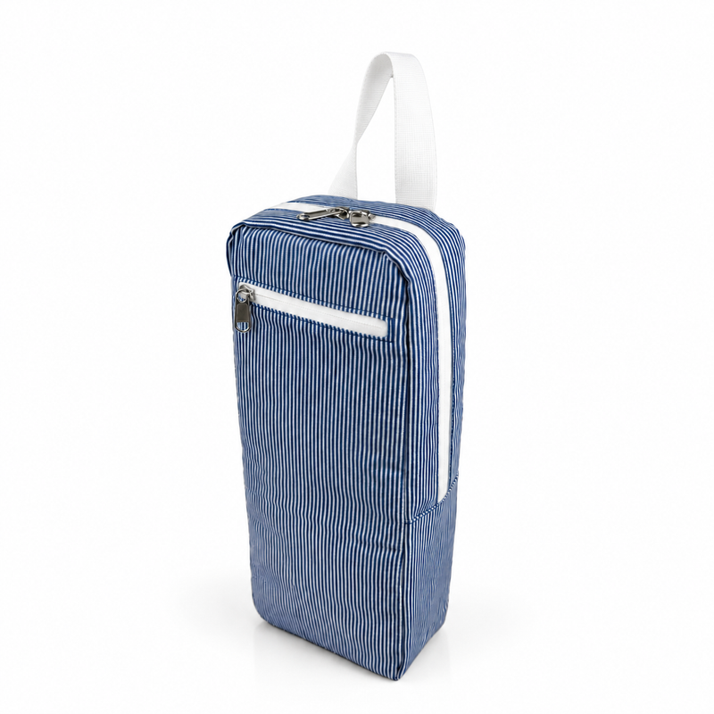 A blue and white vertically striped fabric travel pouch with a white top handle, a front zippered pocket, and a main zippered compartment, shown on a white background.