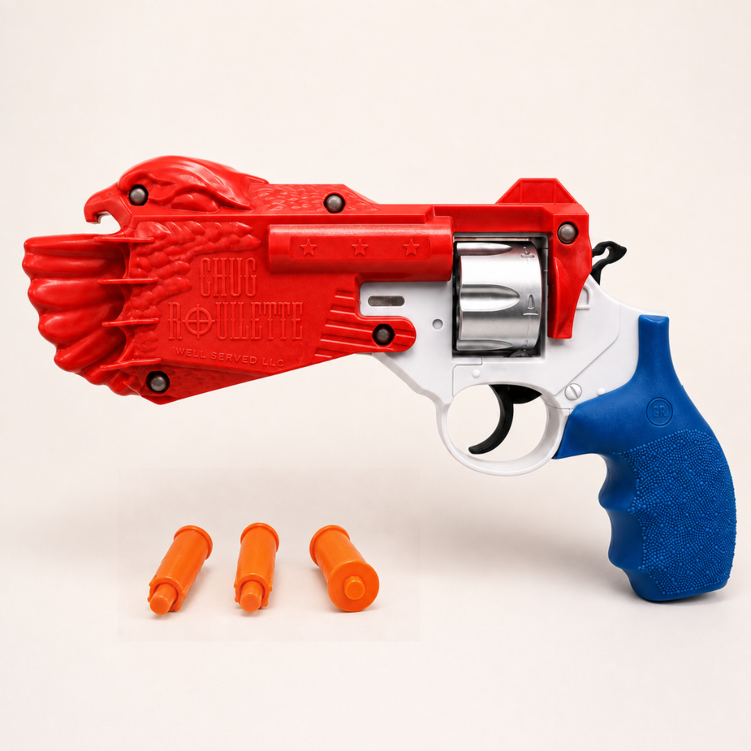 A Chug Roulette with a red eagle-themed body, white frame, blue textured grip, and three orange foam darts on a plain light background.