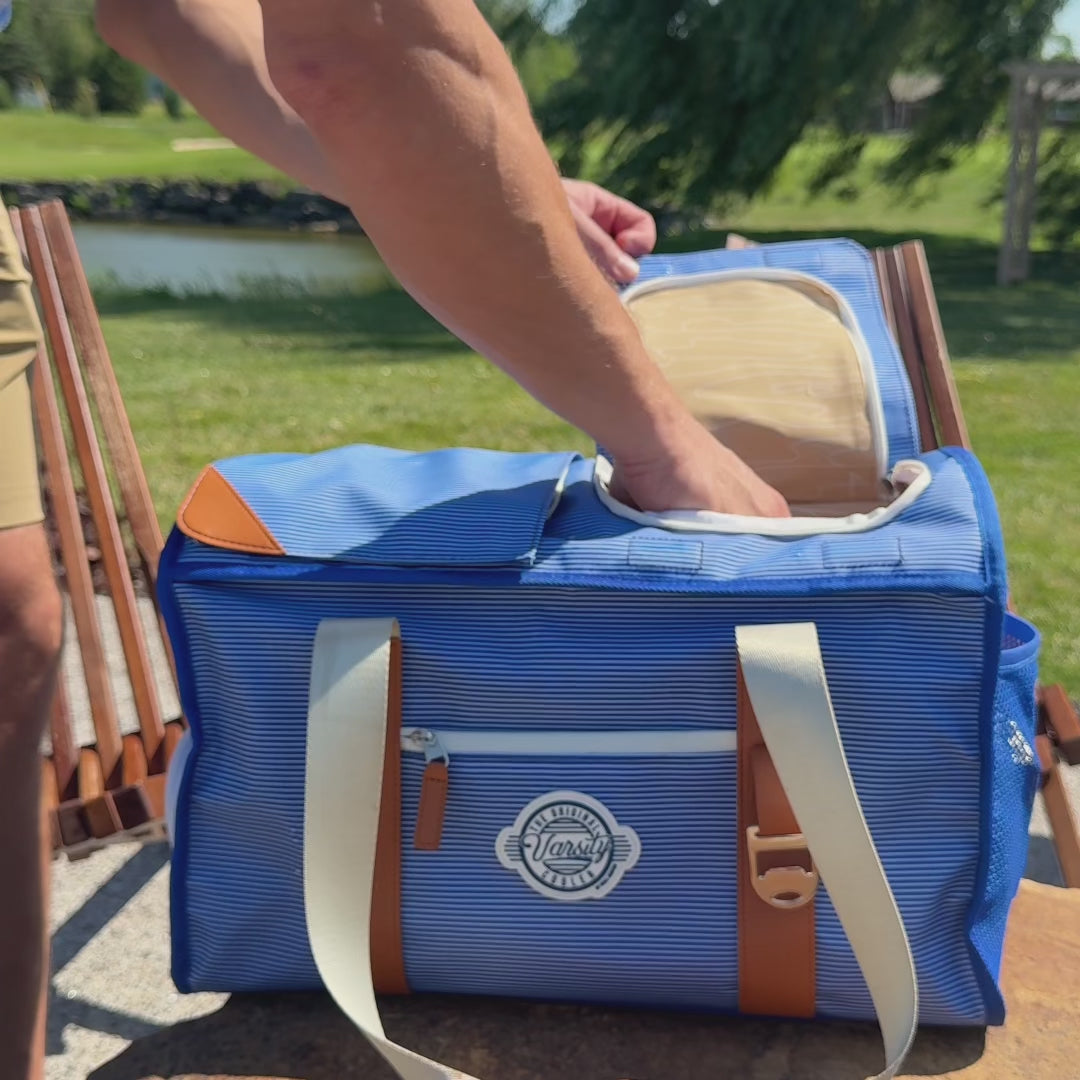 Course Cruiser feature demonstration showing dual compartments, magnetic access, shoe storage and golf-cart use.